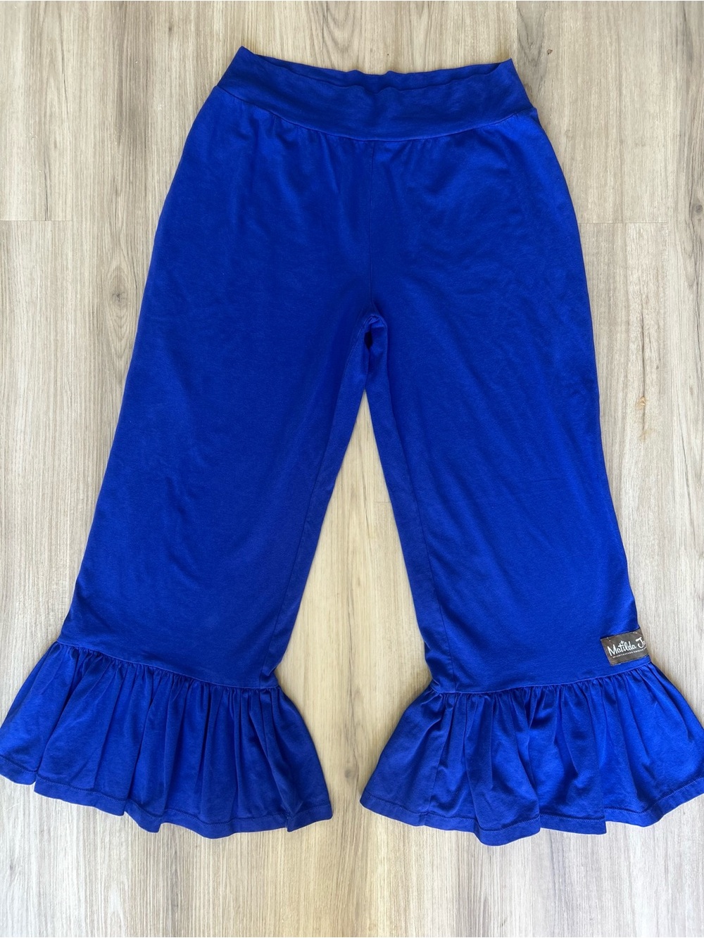 Matilda Jane Womens Large Royal Blue Big Ruffles Knit Pants Wide Flare Hem